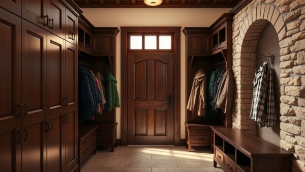 Cozy rustic mudroom for holiday guests with wooden and stone accents.