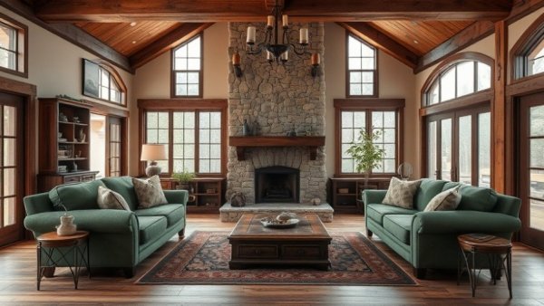 Rustic living room design with budget-friendly elegance, featuring stone fireplace and comfortable seating.