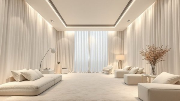 Luxurious white interior with plush textures and curtains, Cloud Dancer Color of the Year 2026.