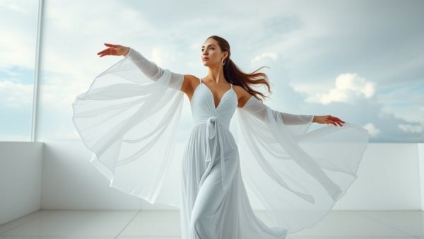 Elegant woman in white outfit embodying Cloud Dancer Pantone, against a cloudy sky.