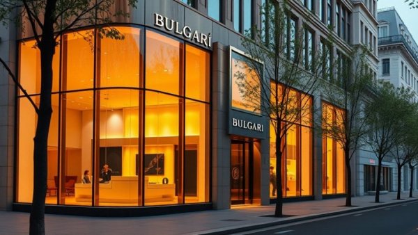 Elegant Bulgari Miami boutique design with glass and gold facade.