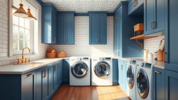 Modern laundry room ideas with blue cabinetry and gold fixtures.