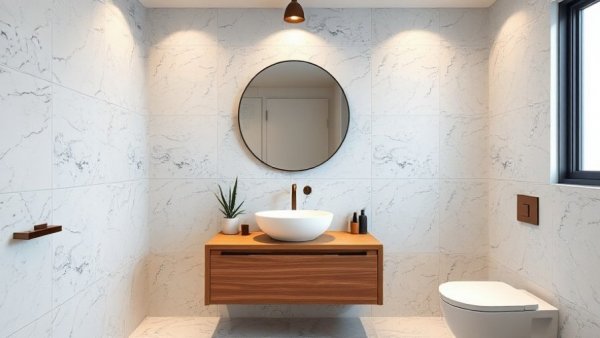Modern minimalist bathroom with terrazzo and wooden elements in 2025 style.