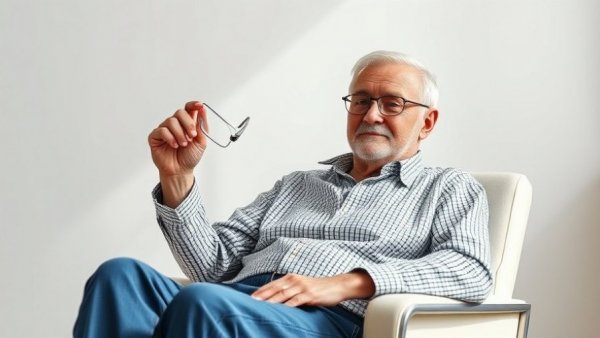 Elderly man sitting in a bright chair with a relaxed posture.