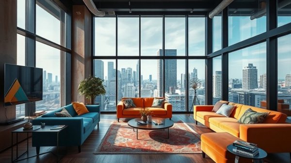 Stylish modern living room showcasing adaptive reuse with vibrant furniture and glass wall.