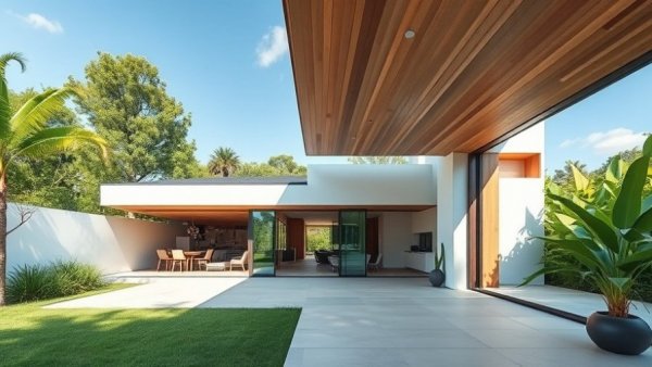 Contemporary adaptable living spaces with open patio and lush garden.