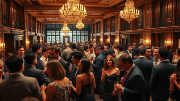 AD100 2026 Celebration event with elegantly dressed guests mingling indoors.