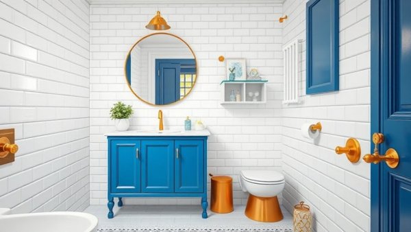 Modern midsize bathroom remodel with blue vanity and gold fixtures.