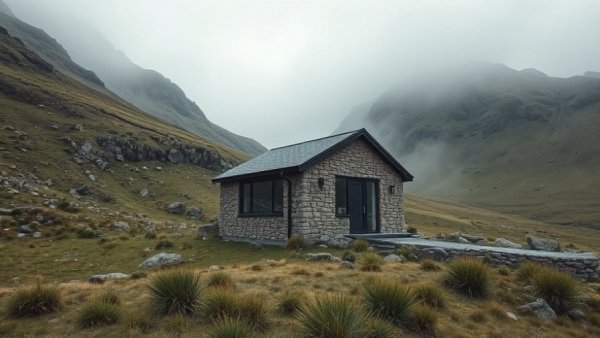 Caochan na Creige modern stone cottage in rugged hills.
