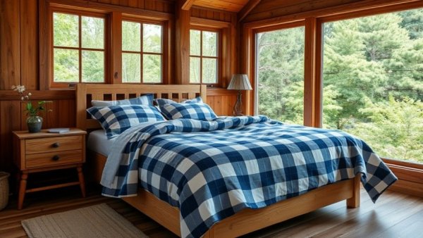 Cozy bedroom with stylish checkered flannel sheets, rustic wood decor
