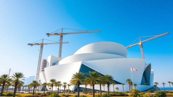 Guggenheim Abu Dhabi under construction with cranes and scaffolding.