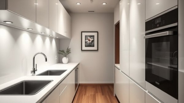 Modern galley kitchen ideas with white design and chrome accents.