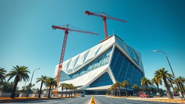 Futuristic architectural project under construction with cranes in a sunny setting.