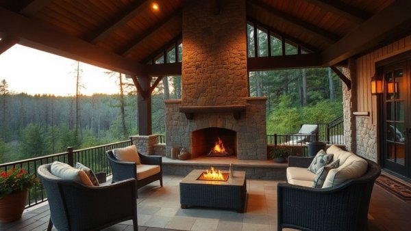 Luxurious outdoor patio with stone fireplace, Top Outdoor Designs 2025.