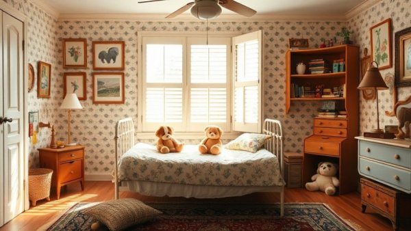 Charming children's bedroom with vintage decor and plush toys.