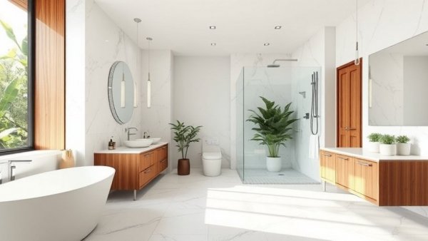 Elegant bathroom makeover featuring marble and wood accents, 2025.