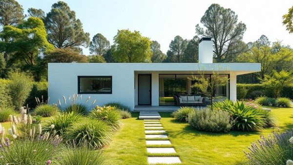 Modern minimalist home in France with lush gardens and greenery