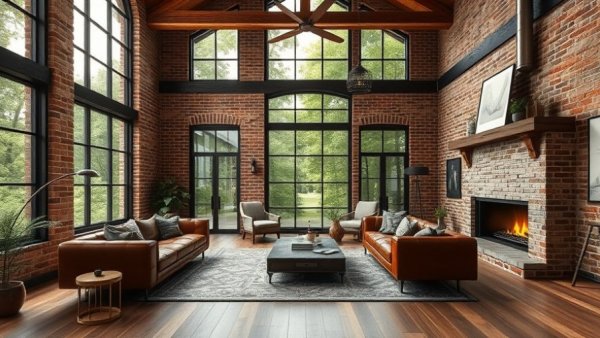 2025 Architectural Designs in a rustic modern living room with exposed brick walls and a large window.
