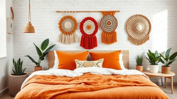 Cozy modern bedroom with luxury sleep pillows and bohemian decor.