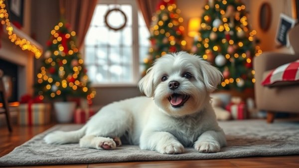 Cheerful white dog in cozy holiday setting with Christmas decor.