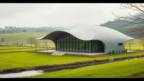Modern Japanese rural office architecture with wave-like roof.