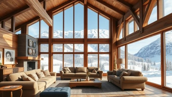 Luxurious wooden interior with mountain view in custom home.