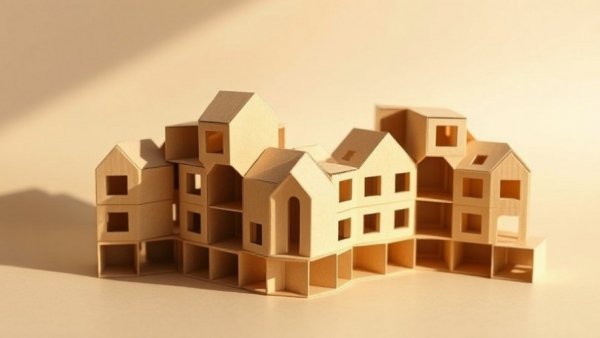 Frank Lloyd Wright-inspired co-housing model with hexagonal design.