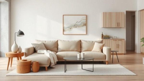 Modern living room in Madrid renovation on a budget with beige sofa.