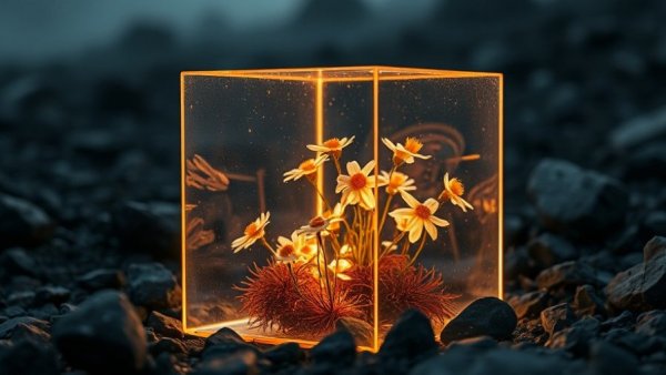 Luminous glass cube in Icelandic terrain symbolizing designing a sauna on Icelandic lake.