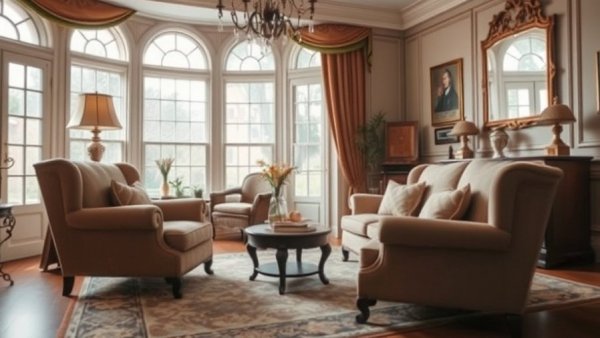 Elegant vintage living room with plush seating and large windows in Los Angeles home restoration.