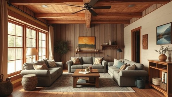 Warm cozy living room with rustic decor and natural light, Popular New Houzz Tours 2025.