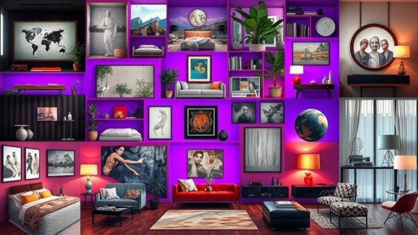 Collage of diverse design inspirations for 2025 on a purple background.