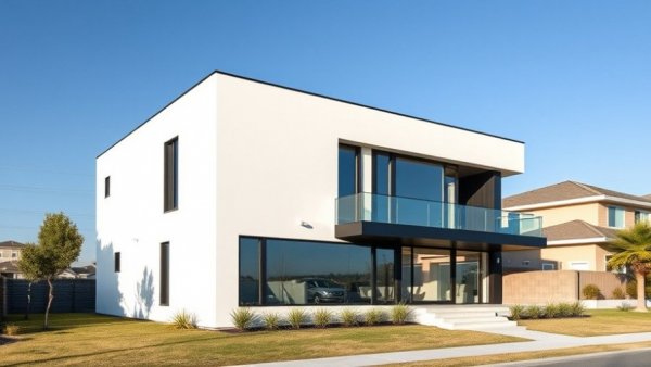Modern coastal house design with geometric features and large windows.