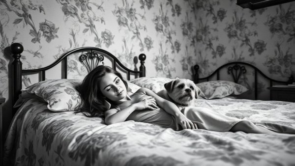 Vintage black and white photo of woman with phone in floral room.