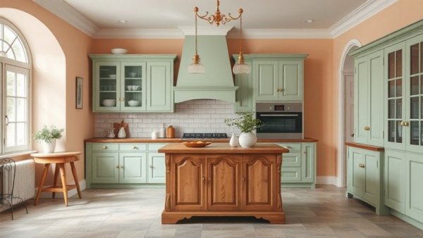 Charming kitchen with pastel cabinets, blending old and new styles.