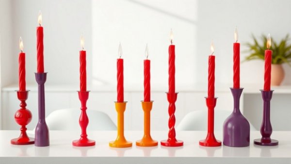 Contemporary candle holders in Carmel interior design with glowing red candles.