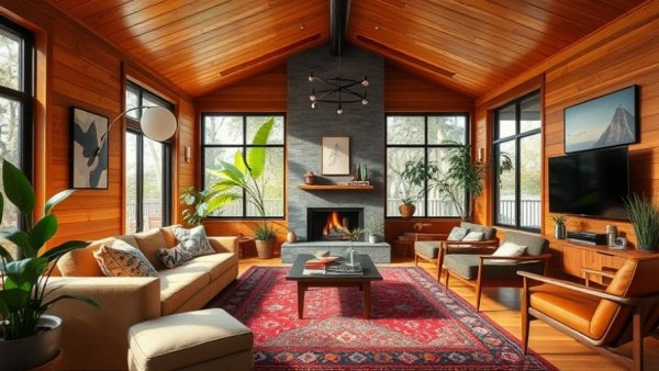 Stylish mid-century modern living room in Brooklyn renovation.