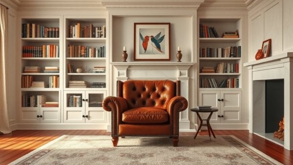 Built-In Bookshelves in cozy reading nook with leather chair.