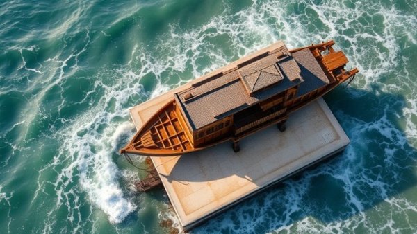 Aerial view of unique architectural structure resembling boats on the coast.