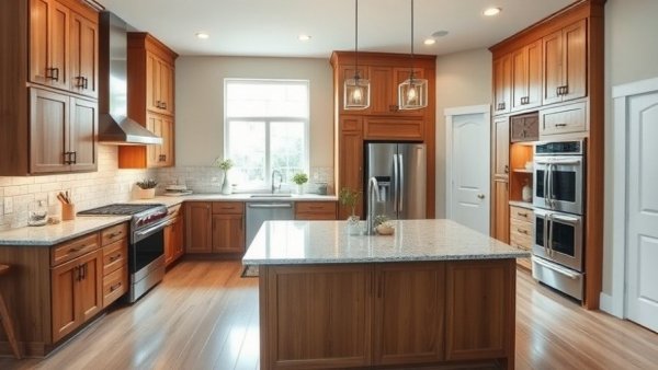 Modern family kitchen with functional design and wooden cabinets.