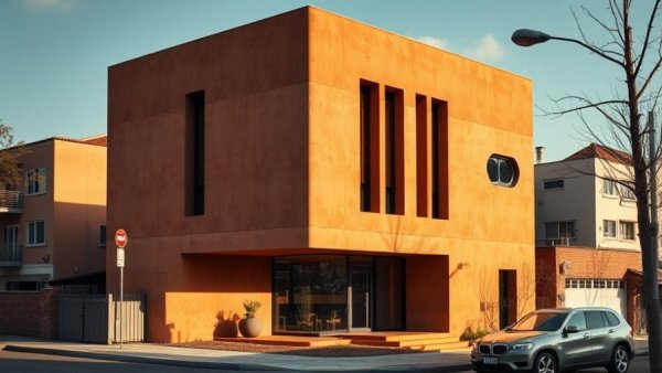 Modern innovative home with terracotta facade and vertical windows.