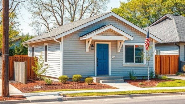 Modern single-story house design with wooden fence and blue door, home design trends 2026.