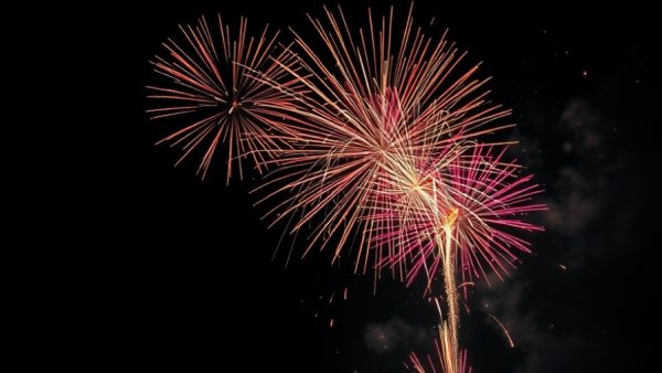 Colorful fireworks explode in a dark night sky, creating vibrant trails.