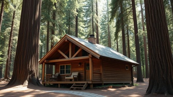 Rustic wooden cabin in Carmel Pebble Beach forest setting.