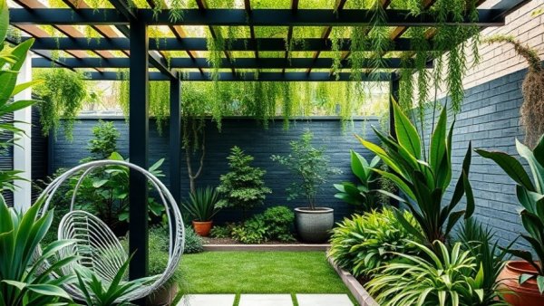 Year-round garden design with greenery and a black pergola.