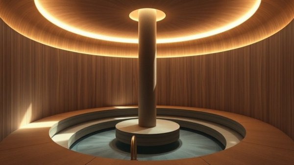 Elegant Montreal bathhouse design with circular wood interior.