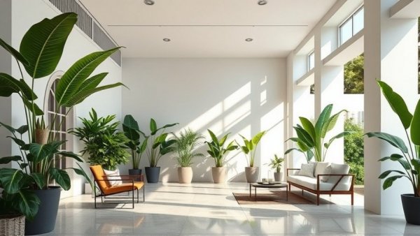 Chic indoor lounge with plants and modern furniture, natural light