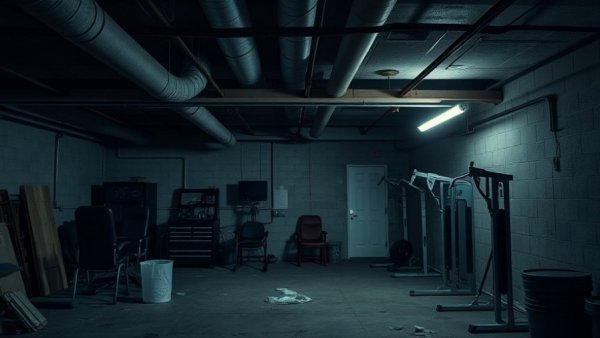 Cluttered basement with exposed pipes and concrete walls for remodeling.