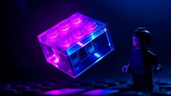 Futuristic Lego Smart Play system brick glowing in dark.