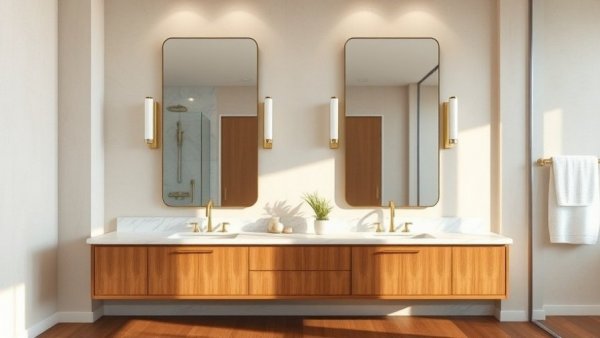 Modern bathroom with wooden vanity and curbless shower.